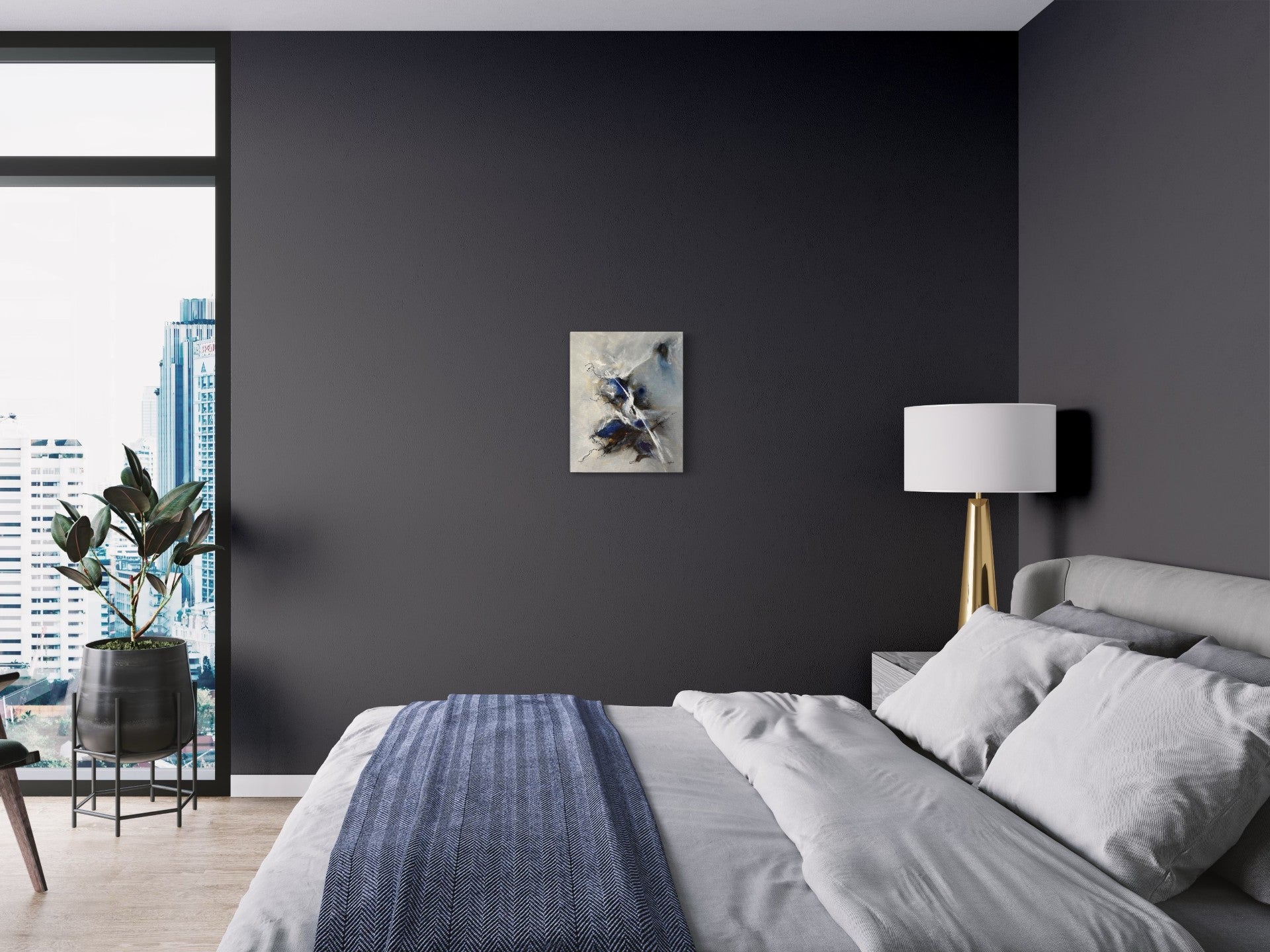 toile dans la tourmente dans une chambre à coucher mur foncé