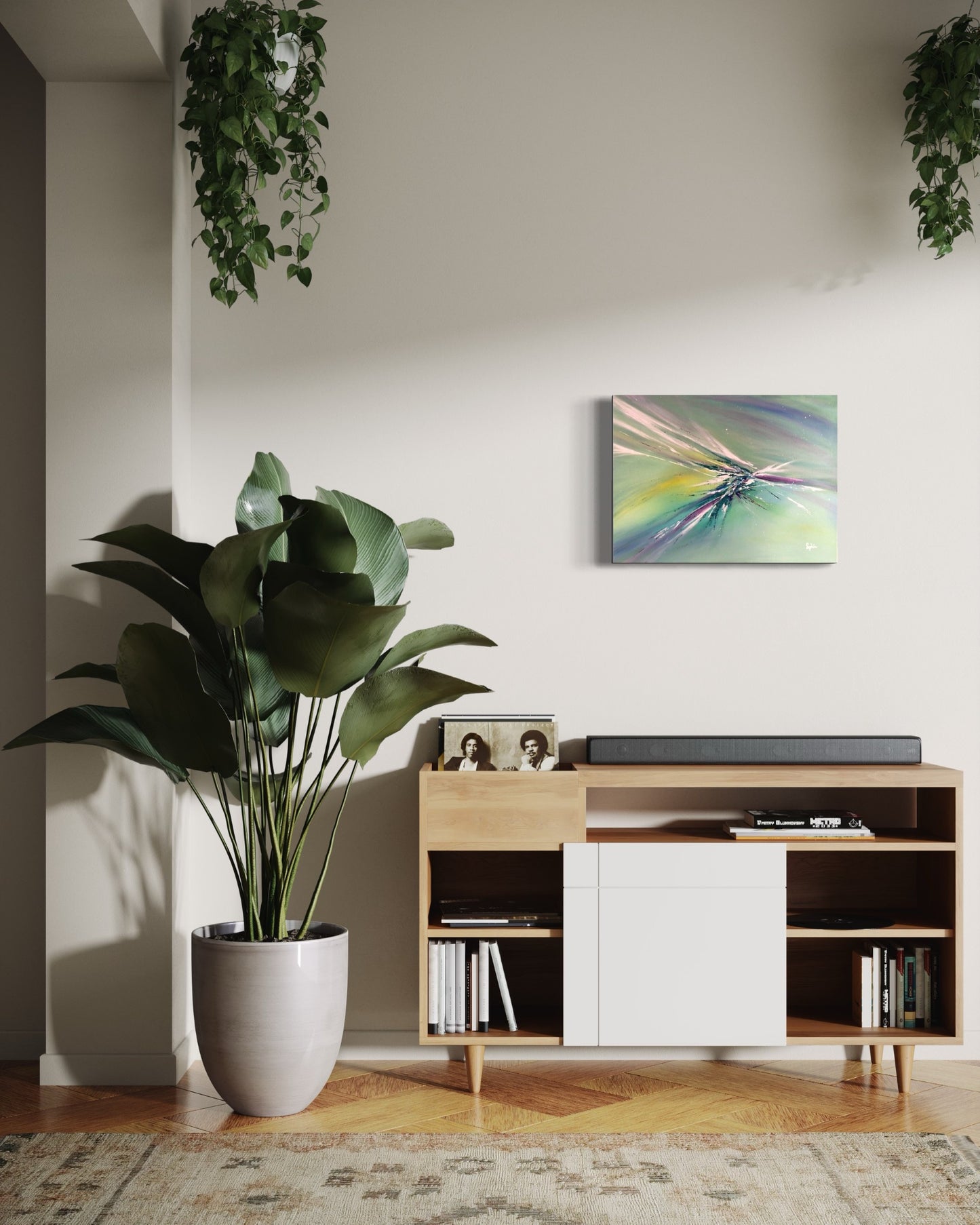 toile douceur printanière au dessus d'une table console