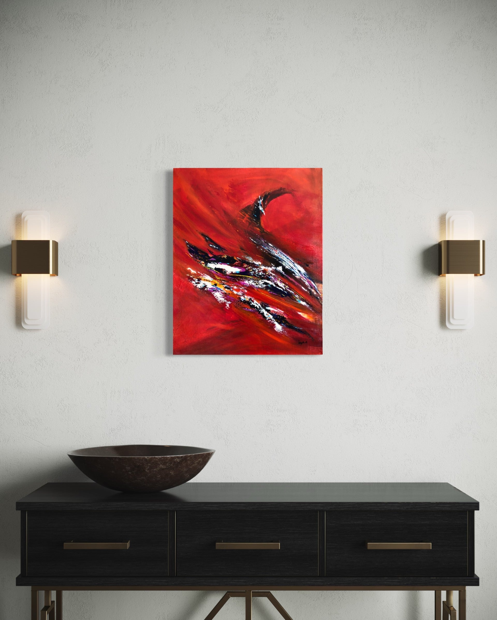 toile folie passagère au dessus d'une table console