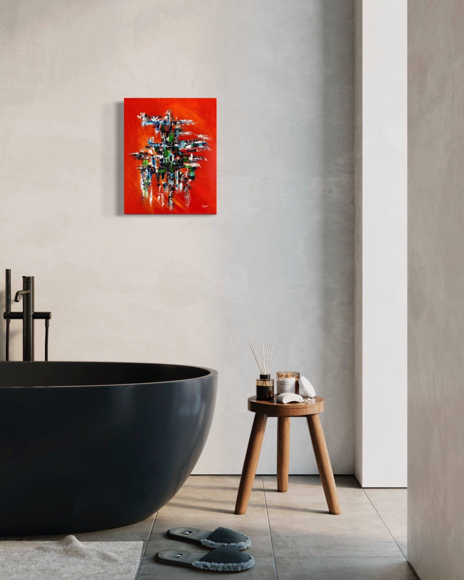 toile structure audacieuse dans une salle de bain